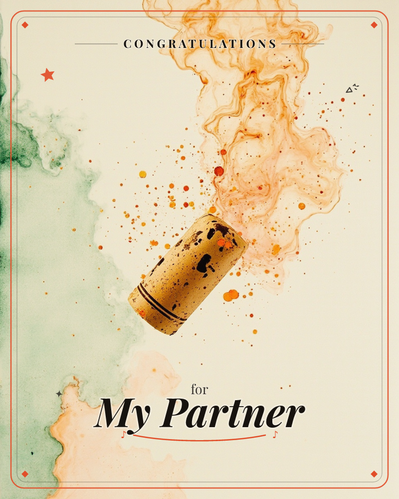 A single wine cork floats mid-air against a cream background, trailing a plume of orange watery pigment like a burst of fizz, while soft clouds of sage…, a congratulations e-card design