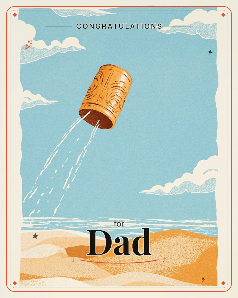 A wooden bucket tumbles upside down through a bright blue sky, water streaming out in loose dashed lines as it falls toward a sandy shoreline below, a congratulations e-card design