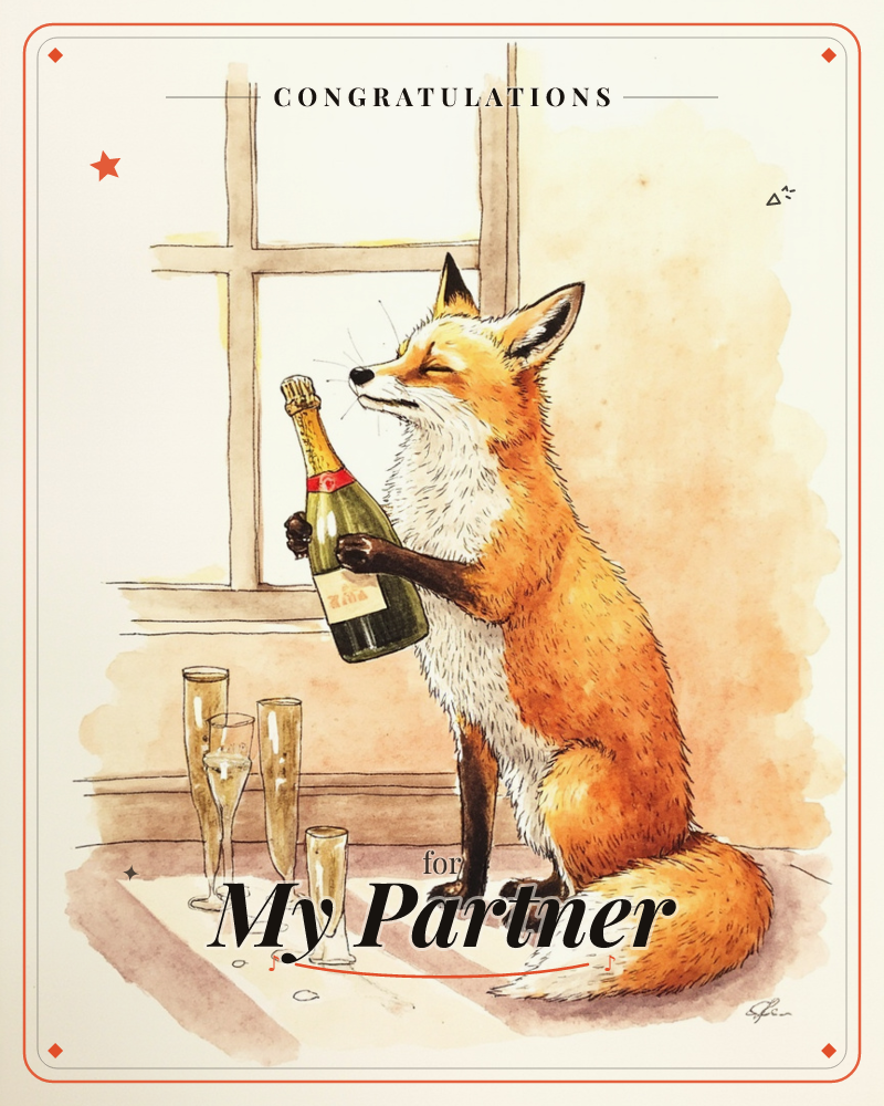 A red fox sits on a windowsill, eyes closed in blissful satisfaction, cradling a bottle of champagne against its chest, a congratulations e-card design