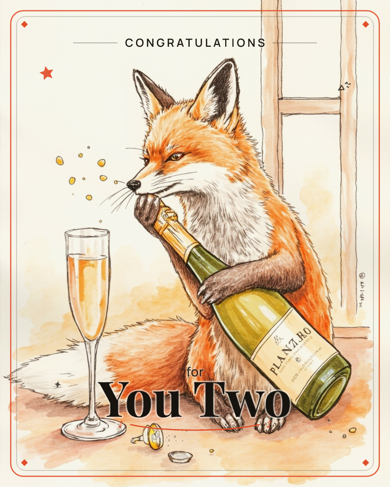 A red fox sits on the floor cradling a bottle of sparkling wine, mid-pop, with the cork already loose and droplets flying past its nose, a congratulations e-card design