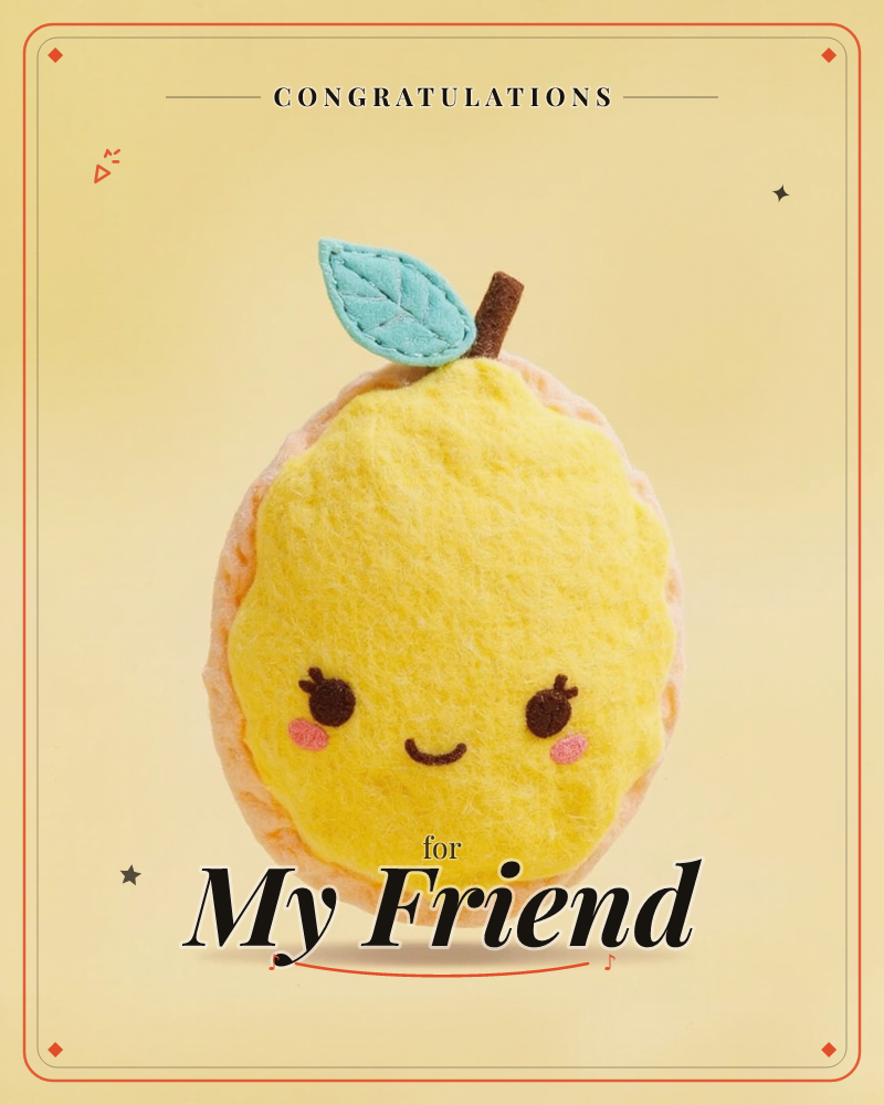 A plush lemon toy floats against a soft glowing yellow backdrop, its felt leaf and stitched brown stem perched jauntily on top, a congratulations e-card design