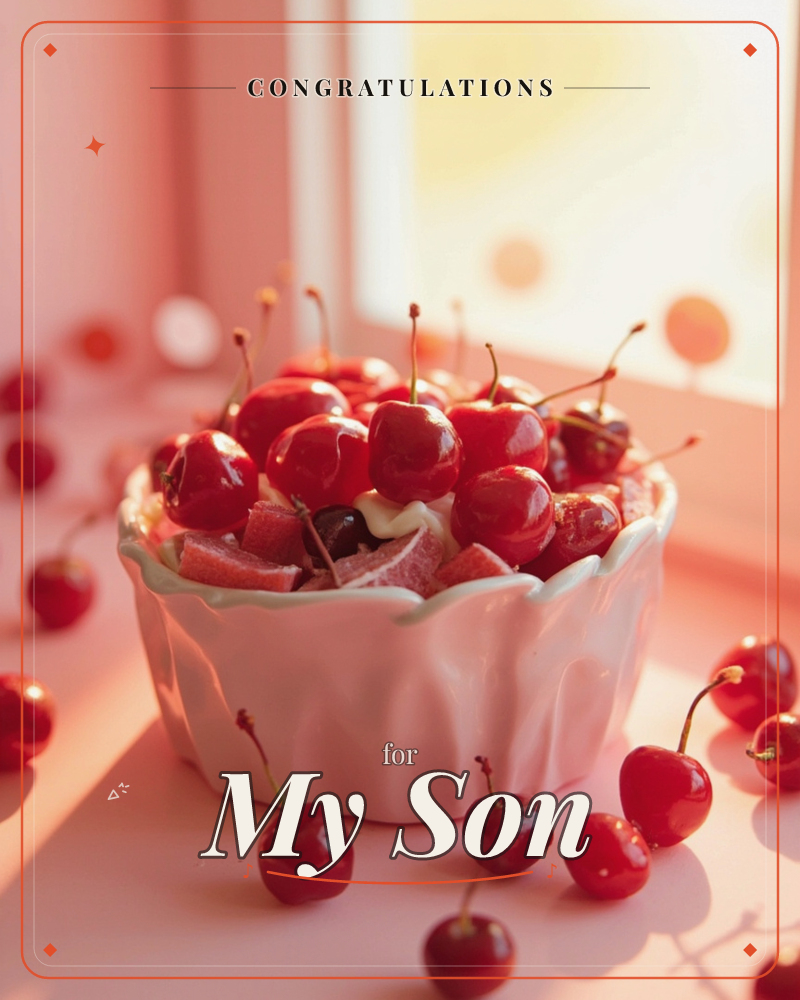 A ruffled pink ceramic bowl is piled high with glossy red cherries and cream, set on a soft pink surface bathed in warm window light, a congratulations e-card design