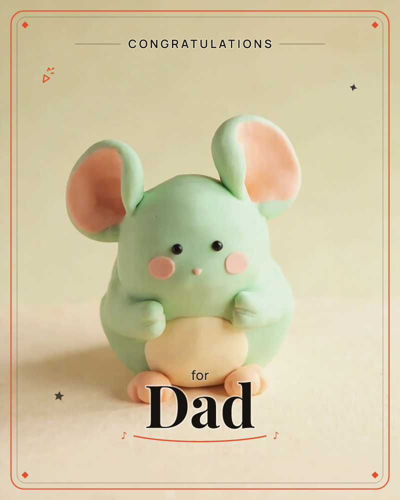 A round little clay mouse in soft mint green sits front and centre, big peach-pink ears framing its face and rosy cheeks glowing beneath tiny bead eyes, a congratulations e-card design