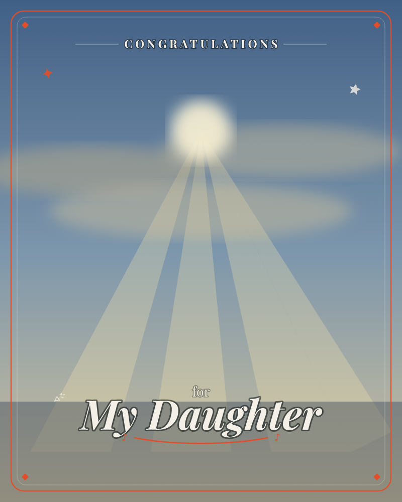 A bright sun sits low in a hazy blue sky, its rays fanning down in soft triangular beams through a scattering of flat oval clouds toward a still, muted…, a congratulations e-card design by @DittyCityTeam