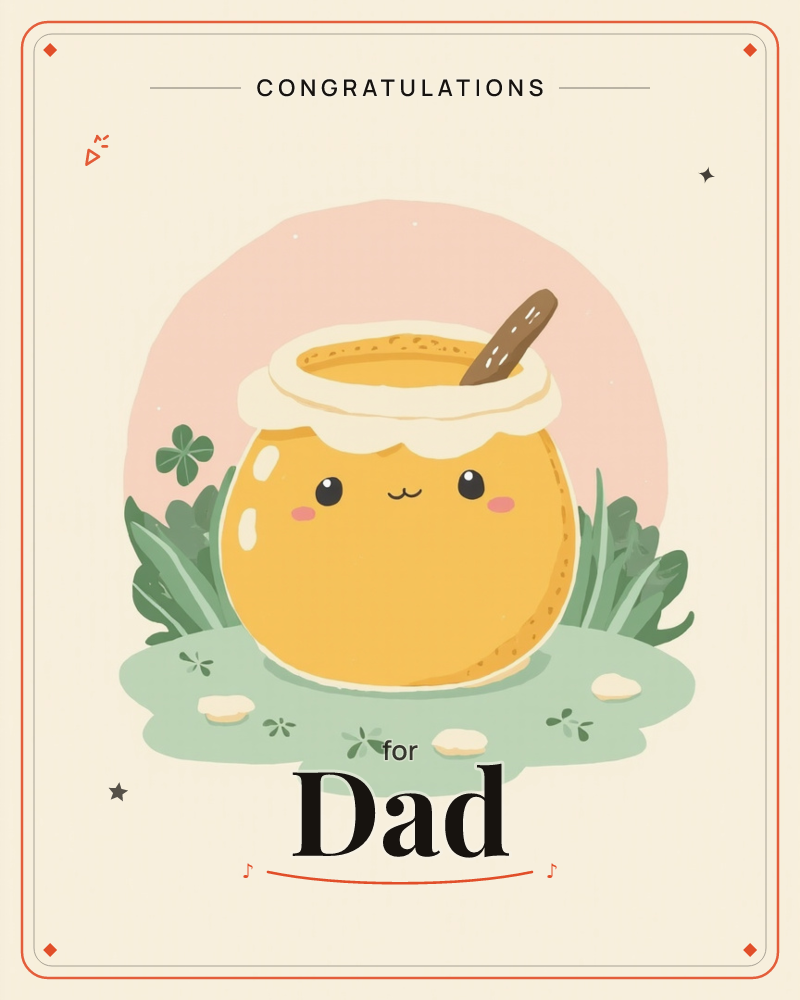 A round honey pot with a happy face and rosy cheeks sits on a patch of pale green grass, a wooden dipper poking out from its cream-coloured rim, a congratulations e-card design