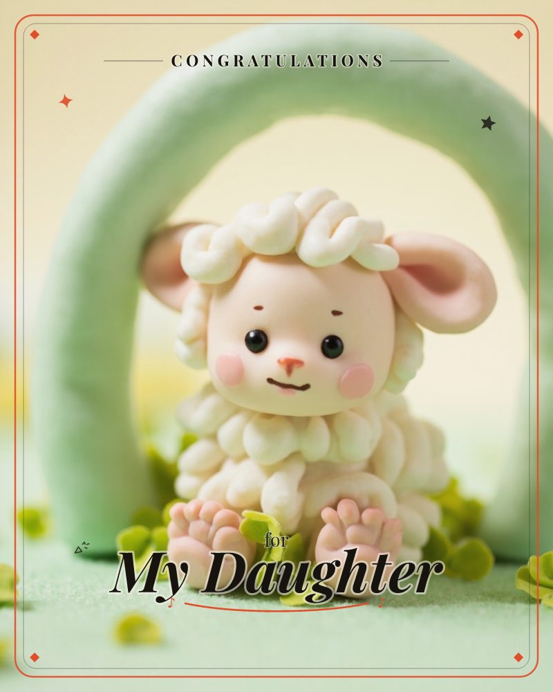 A soft clay figurine of a rosy-cheeked lamb sits beneath a pastel green arch, its curly wool and pink feet catching the warm light, a congratulations e-card design