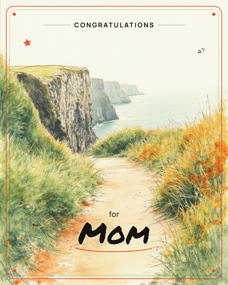 A sandy coastal path winds between banks of tall grass and orange wildflowers, leading the eye toward chalky white cliffs that step away along the…, a congratulations e-card design