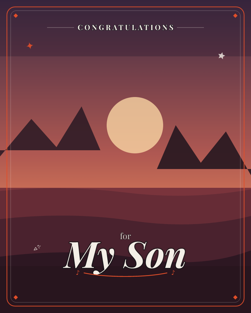A minimalist desert landscape glows in deep rust and maroon tones as a pale golden sun or moon hangs low between two clusters of triangular mountain peaks, a congratulations e-card design by @DittyCityTeam