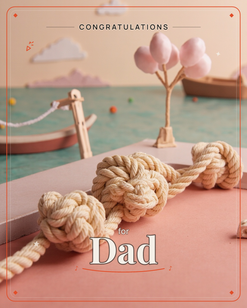 A miniature harbour scene built from paper and props: a knotted rope trails across a pink dock past a tiny mooring post, with a pale pink cotton-candy…, a congratulations e-card design