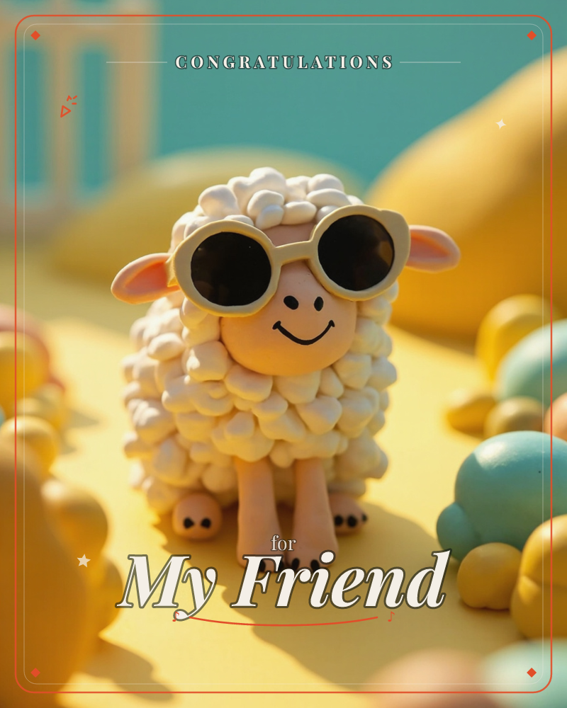 A cheerful little sheep with a fluffy popcorn-like coat stands on golden sand wearing round white sunglasses and a curved smiling mouth, a congratulations e-card design