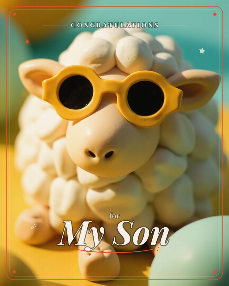 A pudgy 3D-rendered sheep with cloud-like tufted wool sits on a sunny yellow surface, wearing round yellow-framed sunglasses, a congratulations e-card design