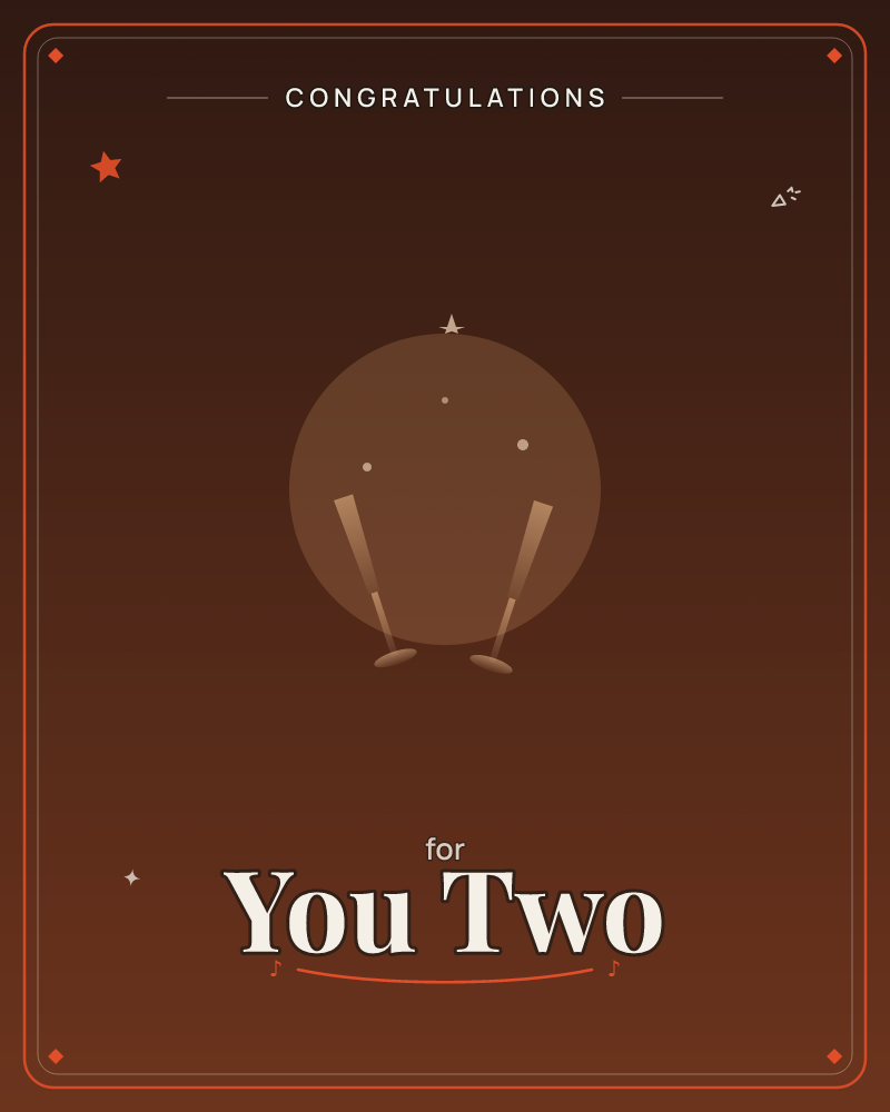 A minimalist card in deep russet and black shows a single glowing sphere hovering against a darkened backdrop, with two slender legs and feet dangling…, a congratulations e-card design by @DittyCityTeam