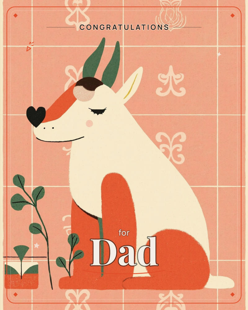 A stylised white antelope-like creature with rust-orange markings and green horns sits calmly against a coral tiled wall patterned with pale…, a congratulations e-card design