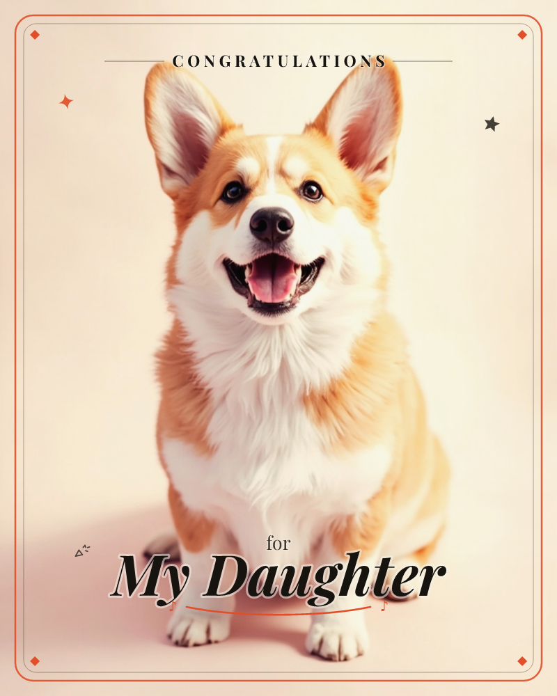 A corgi sits front and centre against a soft blush-pink backdrop, ears pricked up and mouth open in a wide, happy grin, a congratulations e-card design