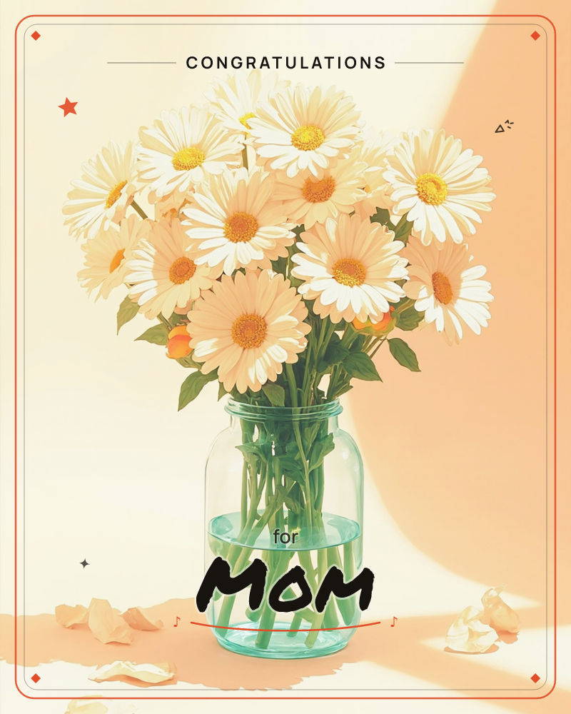 A glass mason jar holds a full bouquet of white and peach daisies with golden centres, standing on a peach-toned surface with soft, warm light casting…, a congratulations e-card design