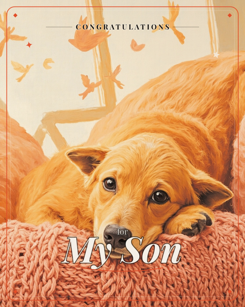 A golden dog rests its chin on a chunky pink knit blanket, ears soft and eyes wide with quiet longing, while a patterned curtain behind it is scattered…, a congratulations e-card design