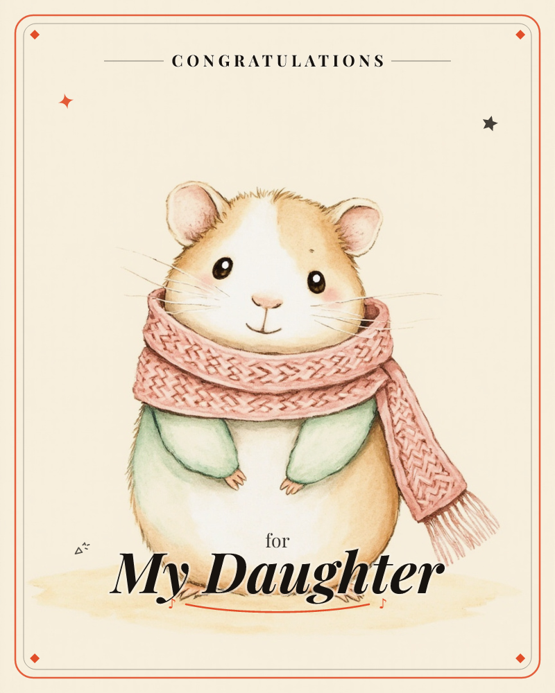 A round, wide-eyed hamster stands front and centre against a warm cream background, bundled up in a chunky knit pink scarf and a soft green sweater, a congratulations e-card design