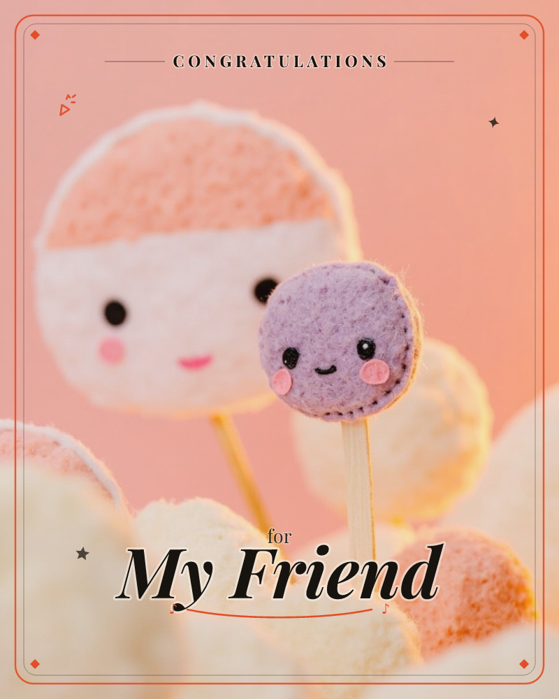 Two round felt faces on lollipop sticks poke up from a bed of soft, cloud-like puffs, one blushing peach and one blushing lilac, both with stitched…, a congratulations e-card design