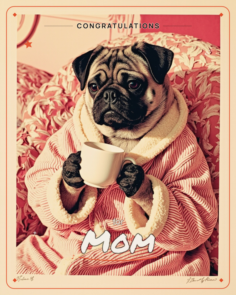 A pug sits propped up in bed wearing a striped fleece-lined robe, its paws wrapped in tiny mitts and clasped around a white mug, a congratulations e-card design