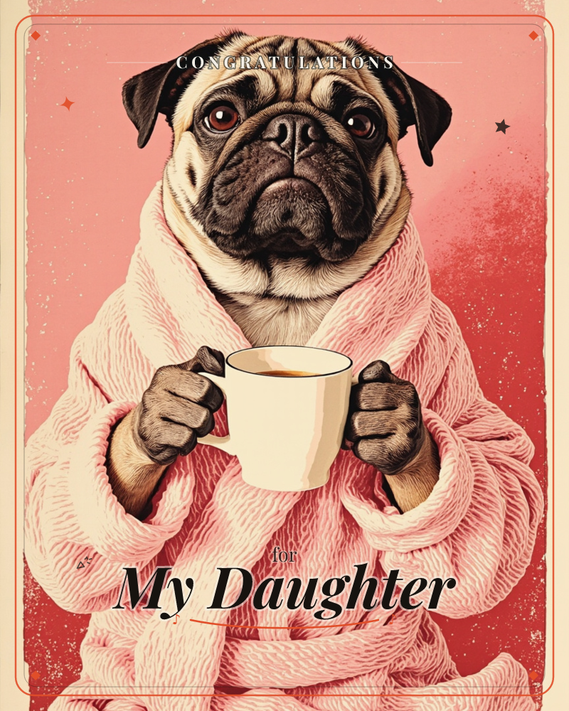 A pug sits wrapped in a chunky pink knit robe, gripping a cream mug of coffee in both paws and staring straight ahead with a droopy, unimpressed…, a congratulations e-card design