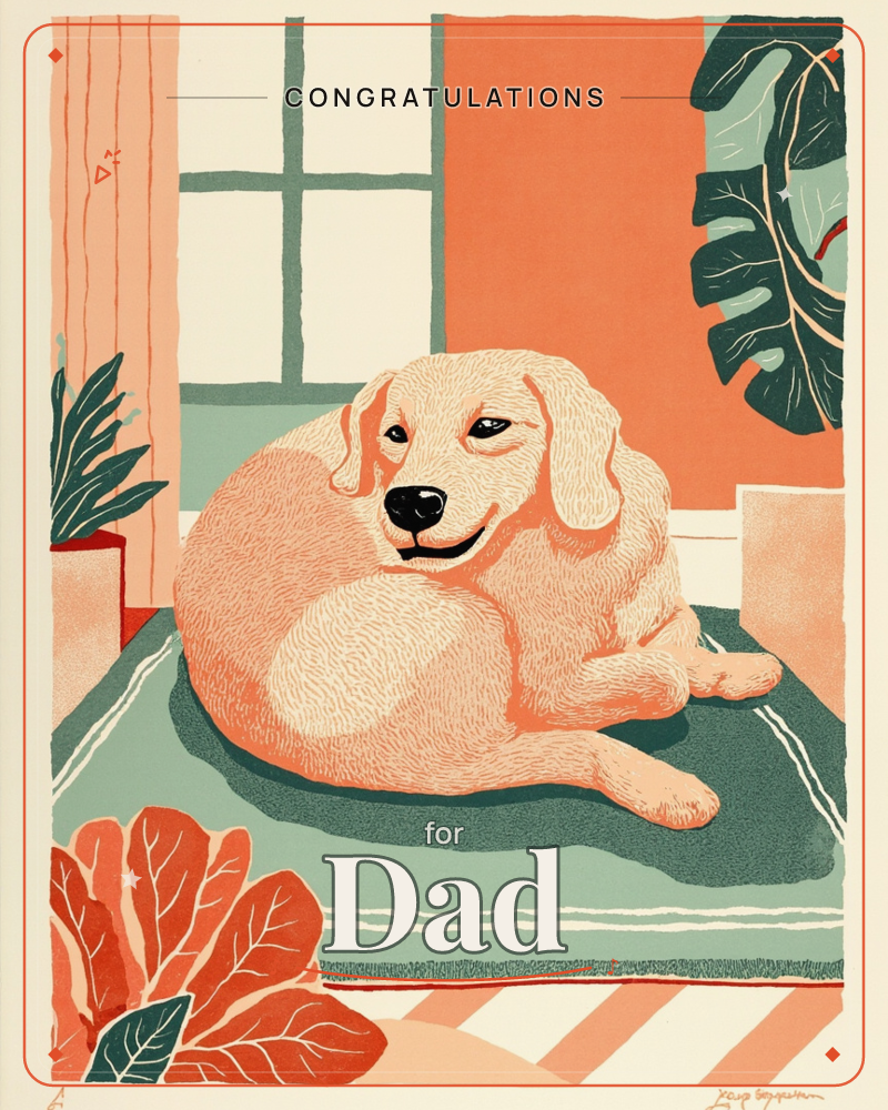 A golden dog curls up contentedly on a striped green mat beside a sunlit window, its coat rendered in fine linocut texture, a congratulations e-card design
