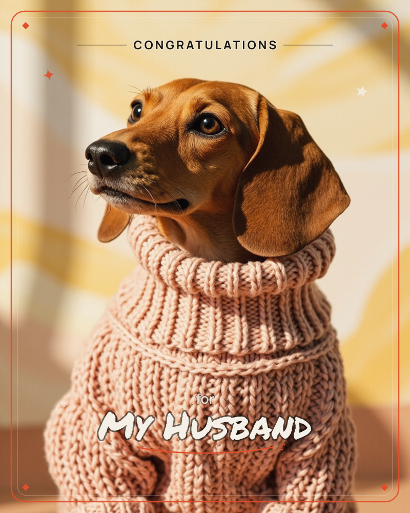 A dachshund gazes off to the side, ears draped forward, dressed in a chunky pale pink knitted turtleneck sweater, a congratulations e-card design