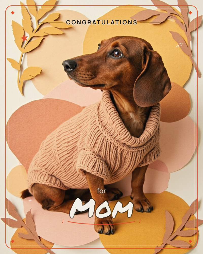 A dachshund in a chunky knitted sweater sits poised against a backdrop of layered paper shapes in autumn tones, with cut-out leaf branches framing the…, a congratulations e-card design