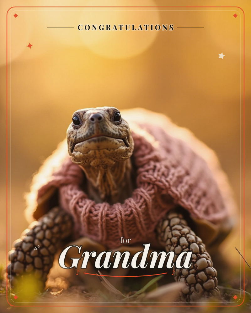 A tortoise looks straight at the camera wearing a small hand-knitted pink sweater over its shell, its textured legs and beak-like face lit by warm…, a congratulations e-card design