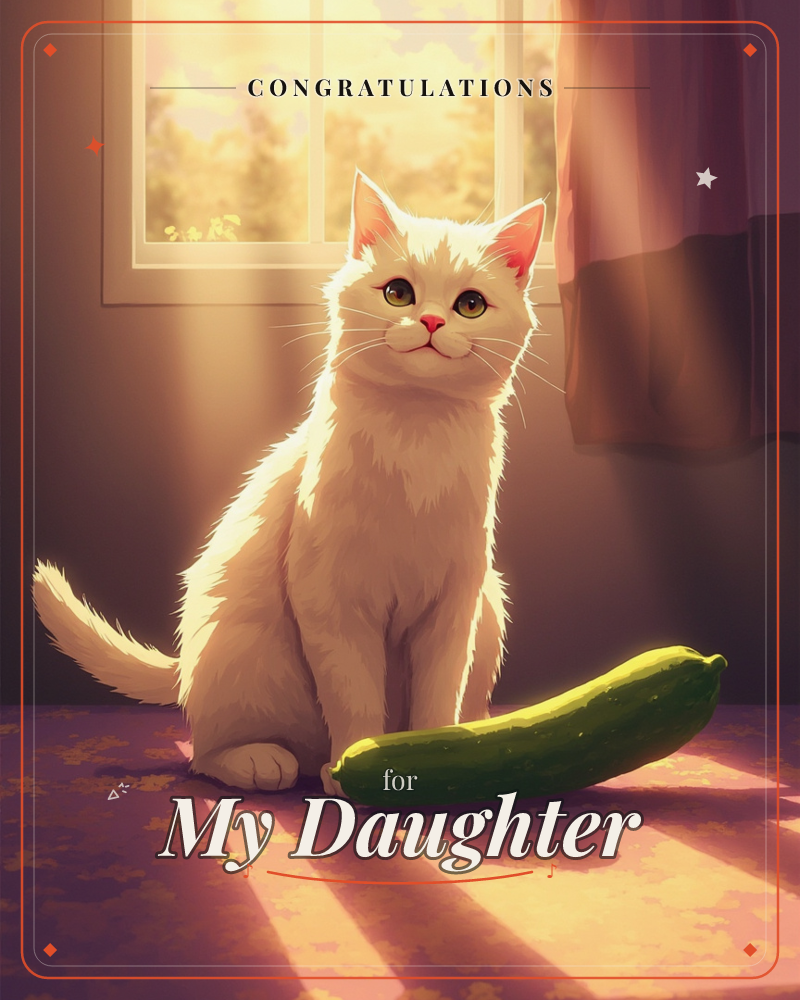 A fluffy white cat sits primly on a shadowed floor beside an oversized cucumber, sunlight streaming in through a window behind sheer curtains, a congratulations e-card design