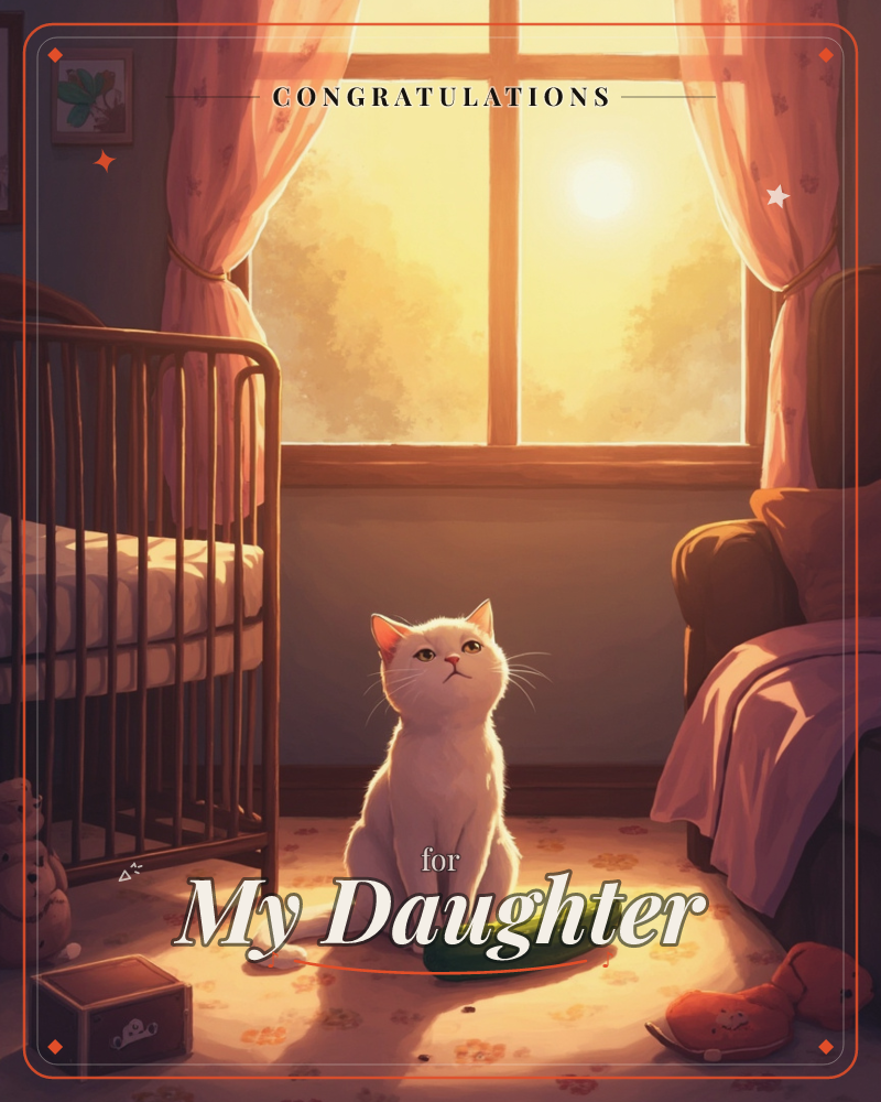 A white cat sits in a golden-lit nursery beside a wooden crib, staring warily at a cucumber lying on the floor in front of it, a congratulations e-card design