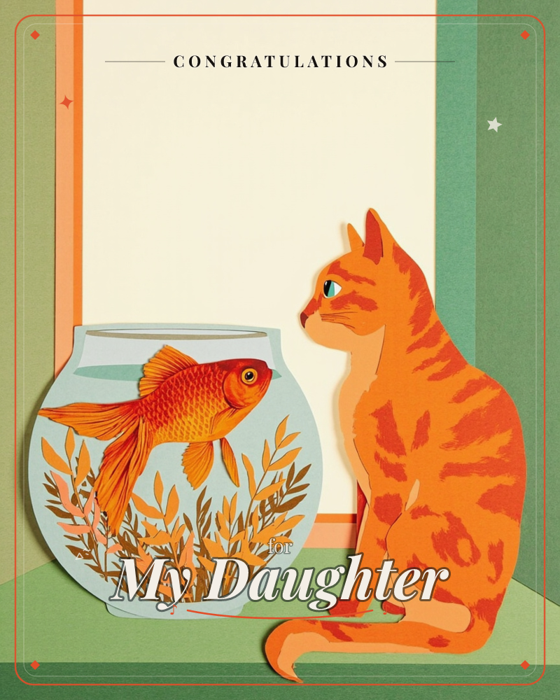 An orange tabby cat sits on a green shelf, staring intently into a round glass fishbowl at a bright goldfish swimming among painted fronds, a congratulations e-card design
