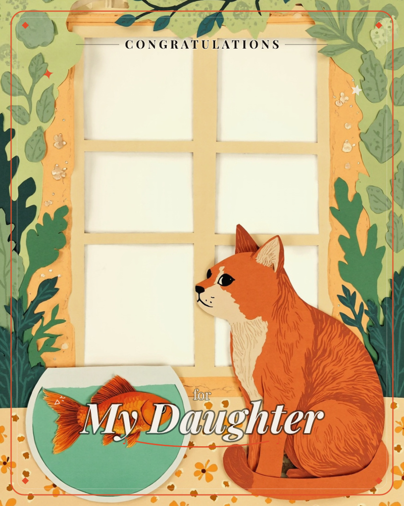 A ginger and white cat sits on a windowsill beside a round fishbowl with a curious goldfish, gazing out through a paned window framed by layered paper…, a congratulations e-card design