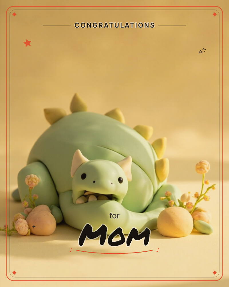 A round, sculpted little dinosaur curls into a soft ball, its clay-like skin a pale sage green with mustard-yellow spikes running along its back, a congratulations e-card design