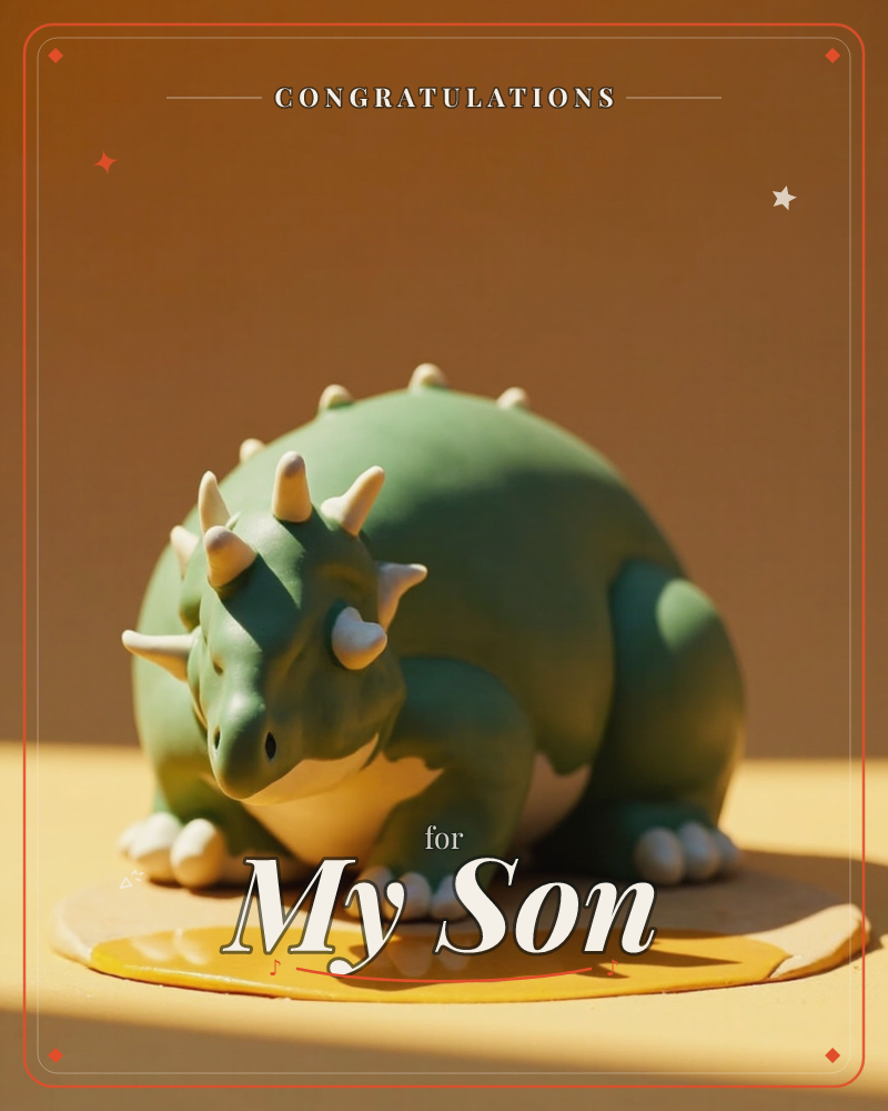A round, chubby green triceratops figure with cream-tipped horns and stubby legs sits on a small clay puddle base, lit by warm directional sunlight…, a congratulations e-card design