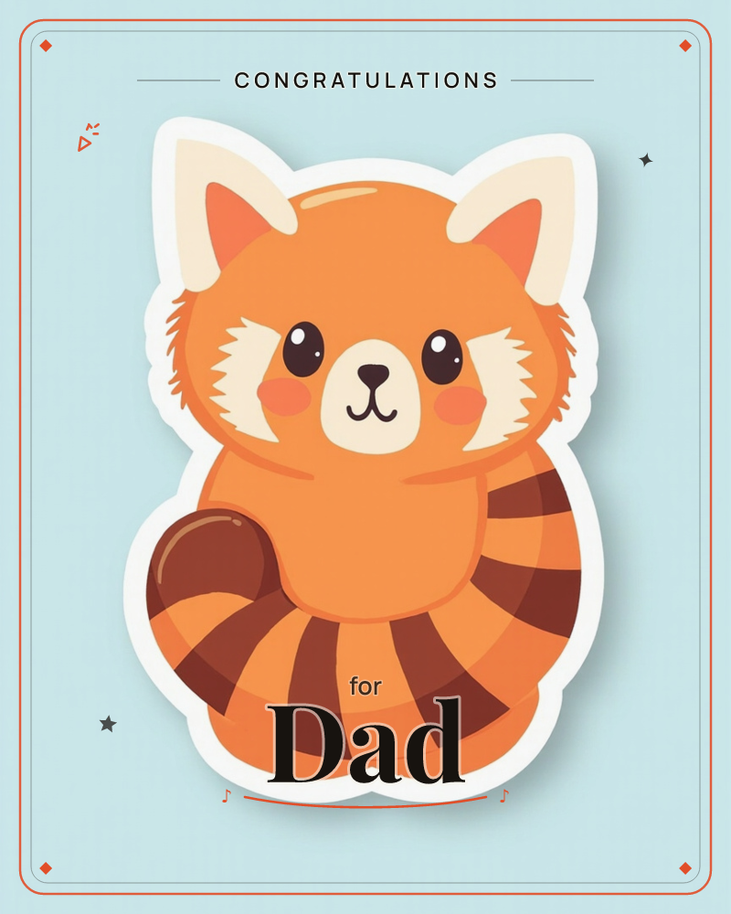 A sticker-style illustration of a round, chubby red panda sitting front-on with its striped tail curled beside it, set against a soft pale blue background, a congratulations e-card design