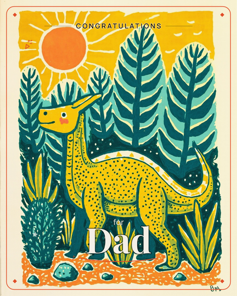 A cheerful yellow dinosaur with rosy cheeks strolls through a stylized prehistoric landscape of teal fern trees and spiky plants, under a bold orange…, a congratulations e-card design