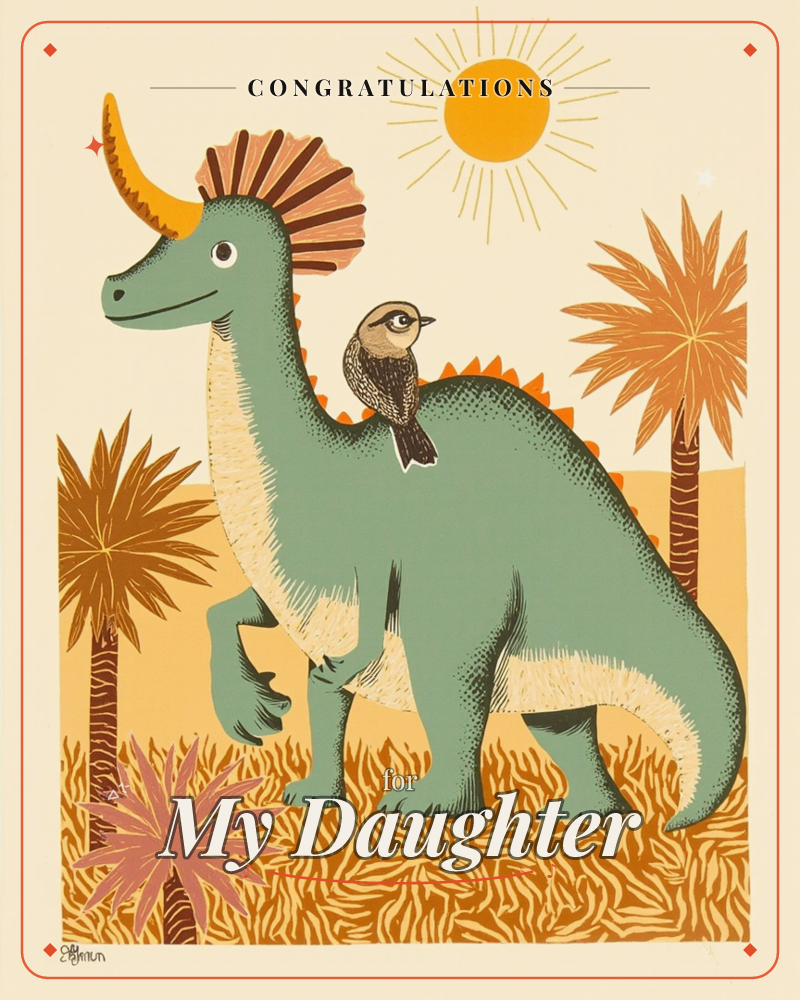 A green horned dinosaur with a crested tail fan strides through golden prairie grass under a bright cartoon sun, a small brown bird perched calmly on…, a congratulations e-card design