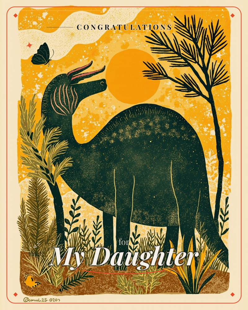 A dark silhouetted long-necked dinosaur stands grazing among spiky ferns and grasses under a glowing orange sun, its arched back speckled like a starry…, a congratulations e-card design