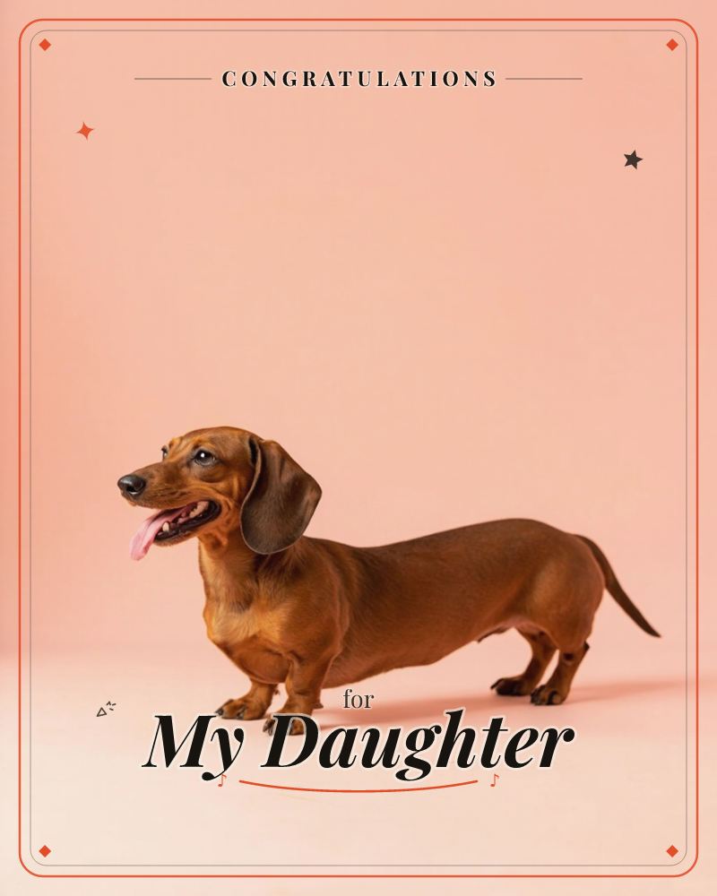 A dachshund stands in profile against a plain peach-pink backdrop, tongue out and ears forward, caught mid-pant as if just trotted into frame, a congratulations e-card design