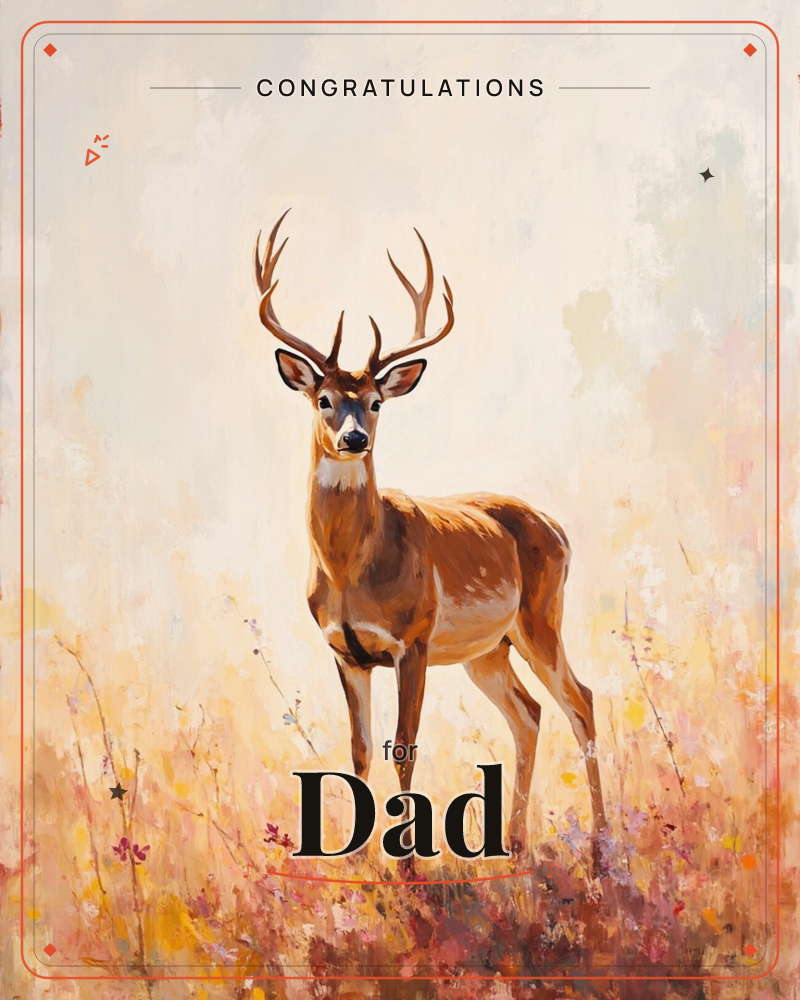 A antlered deer stands alert in a sunlit meadow of tall golden grasses and scattered wildflowers, its head turned toward the viewer, a congratulations e-card design