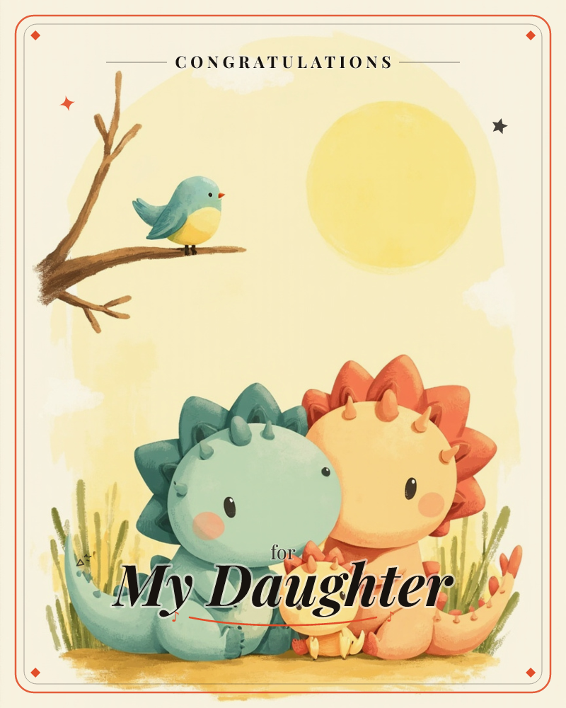 Two round, spiky cartoon dinosaurs, one teal and one orange, sit close together in tall grass with a tiny yellow baby dinosaur nestled between them…, a congratulations e-card design