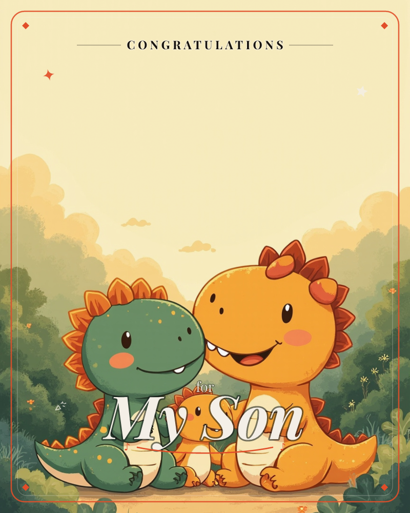 Three cartoon dinosaurs sit together on a path in front of soft, rounded bushes under a warm golden sky, a congratulations e-card design