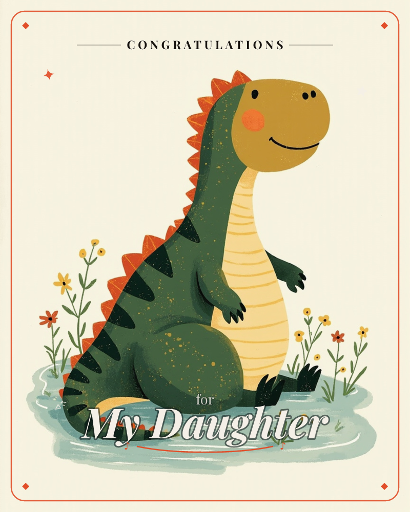 A round, smiling dinosaur with a mustard-yellow head and rosy cheeks sits at the edge of a pale blue puddle, its dark green body dotted with speckles…, a congratulations e-card design