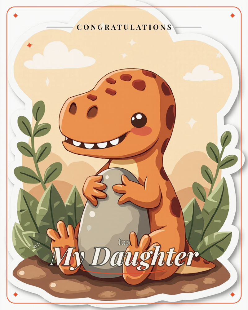 A cheerful orange dinosaur with brown spots sits in the dirt hugging a large grey egg, surrounded by leafy green fronds against a soft cream sky with a…, a congratulations e-card design