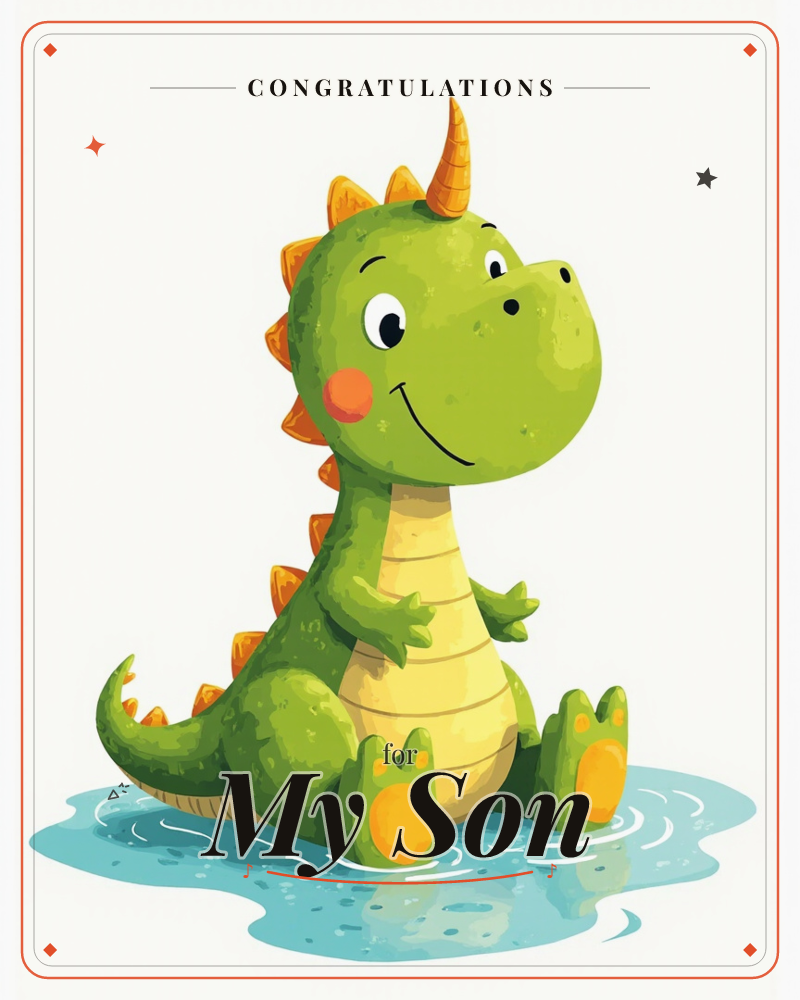 A round-bellied green dinosaur with an orange horn and spiky orange ridges sits happily in a shallow blue puddle, its cream-coloured belly and paws…, a congratulations e-card design