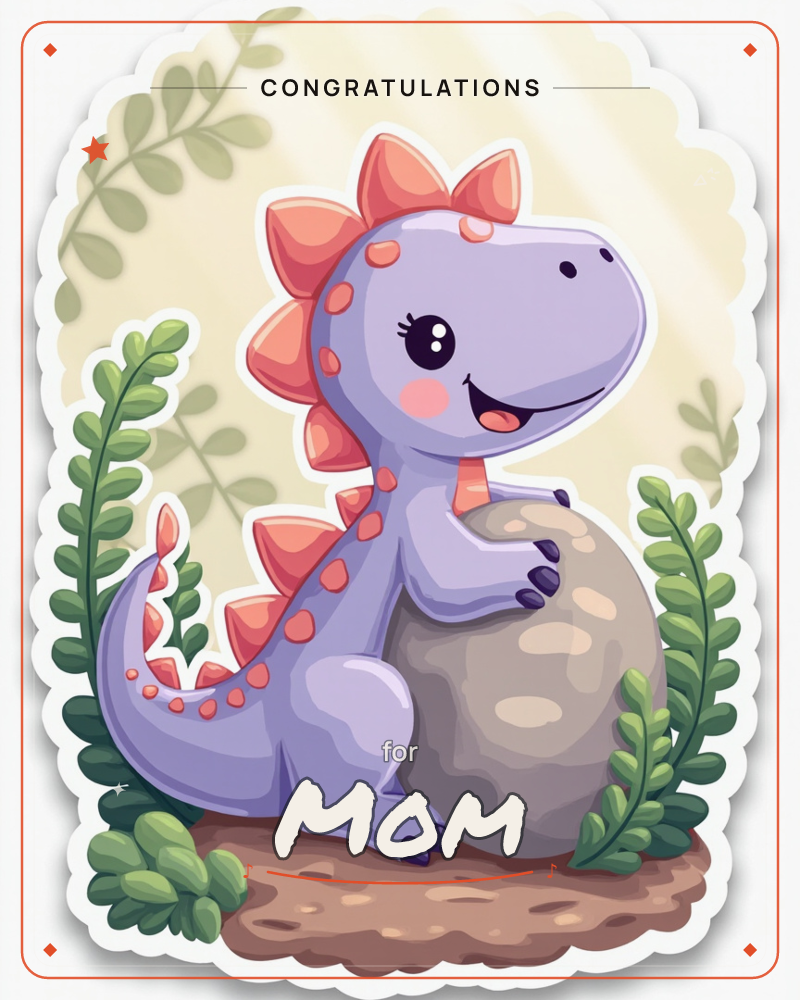 A cheerful lavender-purple dinosaur with coral-orange spines and spots leans one paw on a large grey boulder, surrounded by leafy green fronds and…, a congratulations e-card design