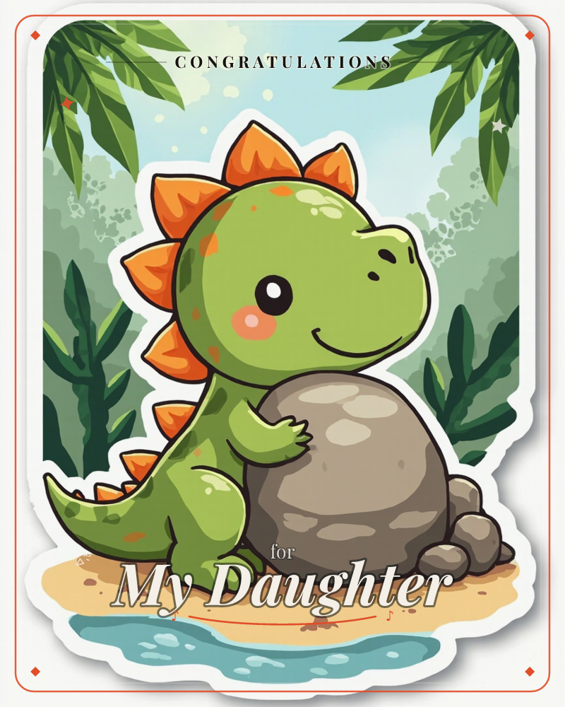 A cheerful cartoon dinosaur with orange spiky ridges leans against a smooth grey boulder on a sandy patch beside a small pool, framed by tropical…, a congratulations e-card design