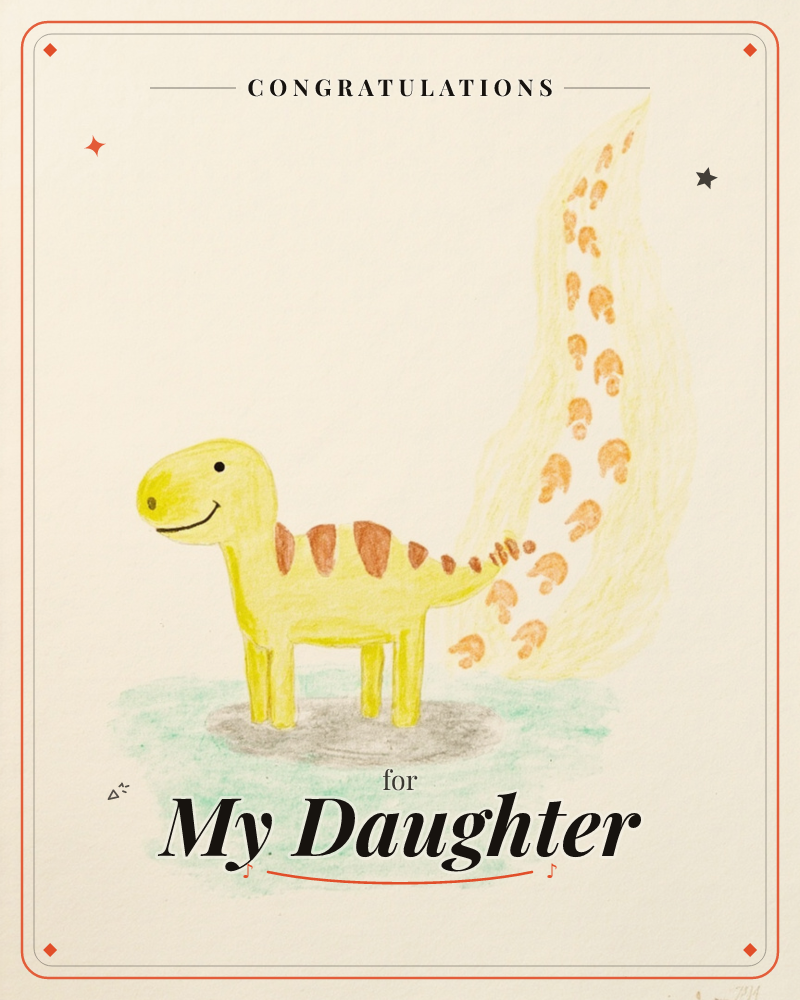 A cheerful yellow dinosaur with a smiling face stands on a soft grey-green patch of ground, its long spotted tail curling up and back to fill the page, a congratulations e-card design