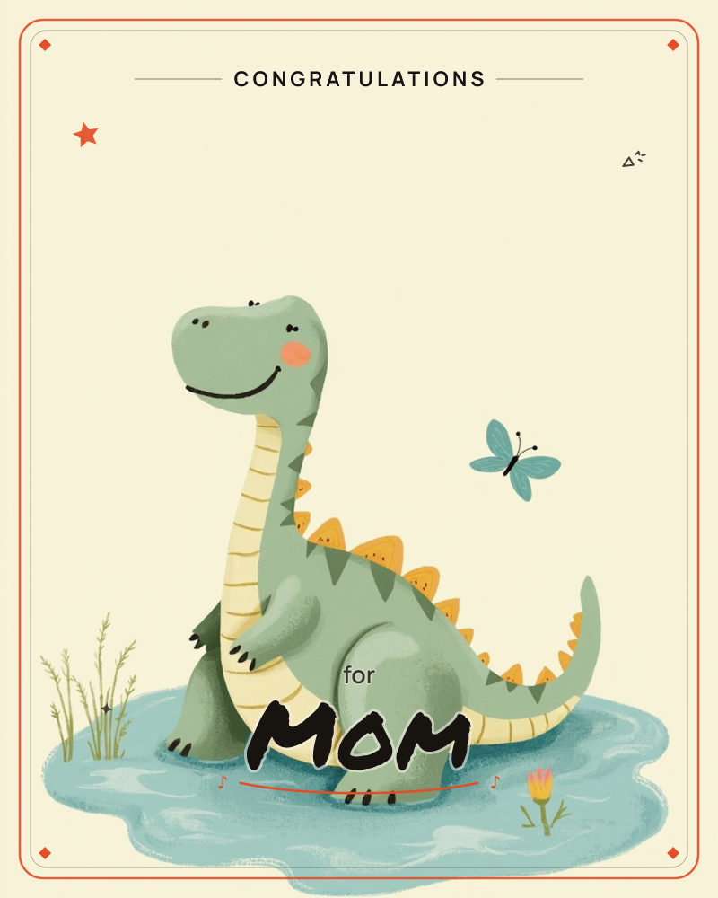 A round-bellied green dinosaur with orange spikes down its back stands smiling in a shallow blue puddle, its cheeks rosy and its tail curling behind it, a congratulations e-card design