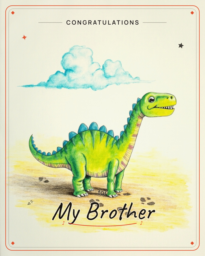A cheerful green dinosaur with a row of blue spikes down its back stands on sandy ground, long neck curved as it grins toward a single fluffy cloud, a congratulations e-card design